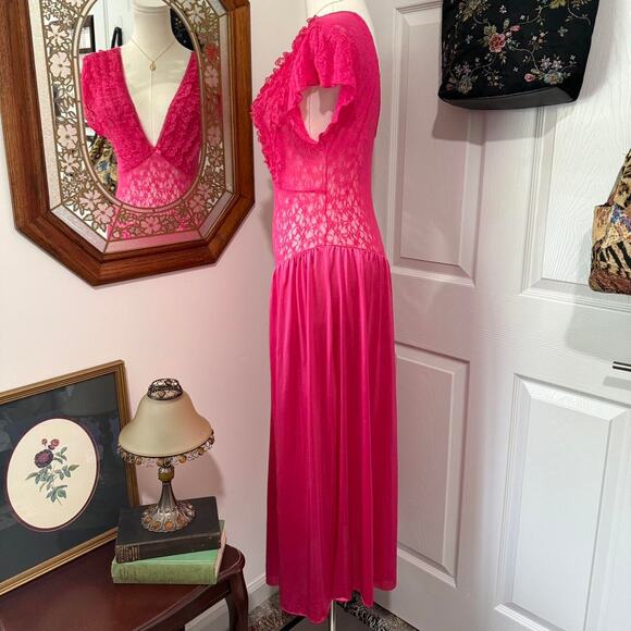 VTG 80s Hot Pink Nylon Stretchy Sheer Floral Ruffle Lace Plunge Midi Slip Dress - Picture 3 of 6